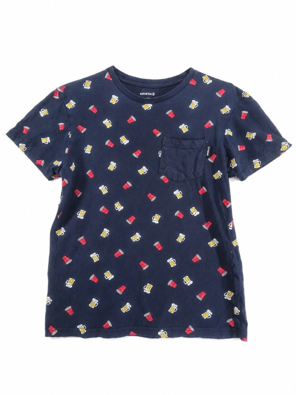 Amnesia, T-Shirt, Beer Mugs & Red Solo Cups Print, Navy & Red, Unisex Size S